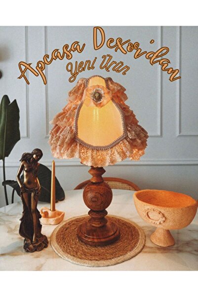 Home Vintage Abajur Viktoria Kestane Ahşap Ayak Özel Tasarım Shabby Chic