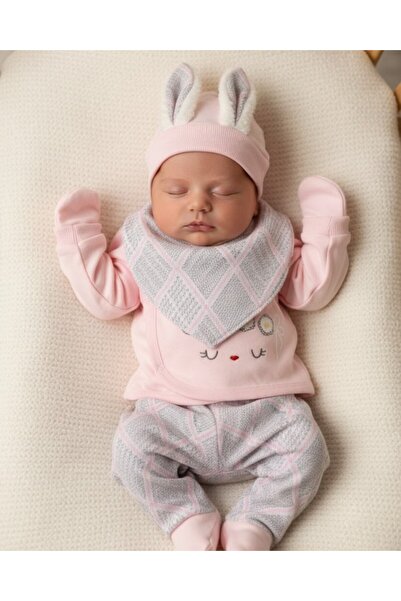 Kız Bebek Tavşan Kulaklı %100 Organik Pamuk 5 Parça Hastane Çıkışı Seti / Bebek Takım Yenidoğan