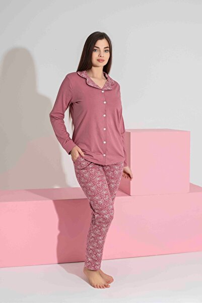 Tarık Women's Ribbon Patterned Long Sleeve Interlock Combed Cotton Fabric Front Buttoned Seasonal Pajama Set