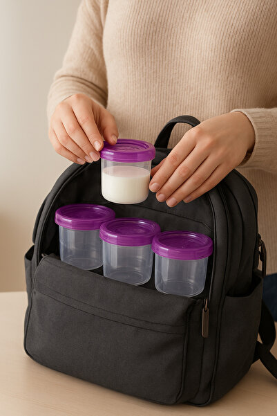 Vivart 4 Pieces 180 ml Leakproof Covered Breast Milk and Food Storage Container with Purple Lid