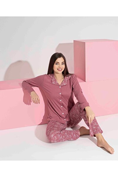 Tarık Women's Ribbon Patterned Long Sleeve Interlock Combed Cotton Fabric Front Buttoned Seasonal Pajama Set