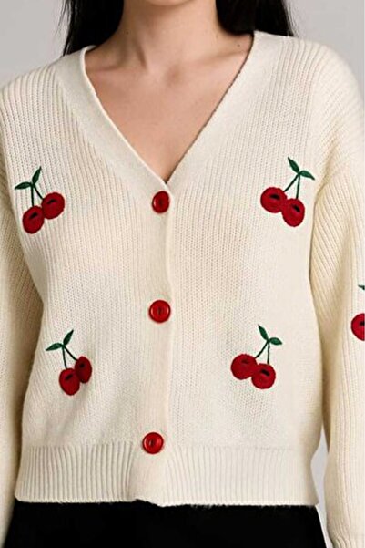 DAMGA Collection Γυναικεία εποχιακή πλεκτή ζακέτα με σχέδιο κεράσι