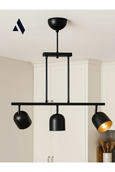 Alldesco Noir 3’lü Modern Avize – Siyah Gövde, İçi Gold Başlık, Salon ve Mutf...