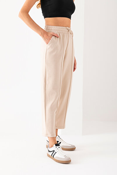 Alos Women's Beige Balloon Pattern Striped High Waist Modal Soft Textured Lycra Trousers with Elastic Waist