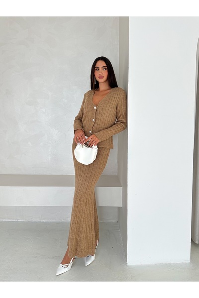 Brantu Long Sleeve Pocketed Button Detailed Women's Beige Knitwear Long Skirt Set