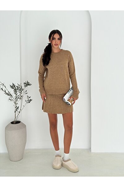 Brantu Long Sleeve Knitwear Sweater and Pleated Mini Skirt Two Piece Set