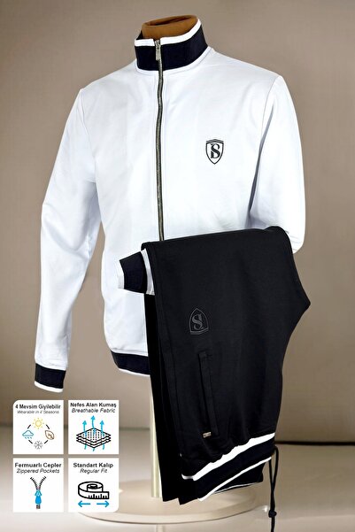 BESSA White Stand-Up Collar Tracksuit Set 2 Thread Fabric Straight Leg Zippered Pockets Can Be Worn in 4 Seasons