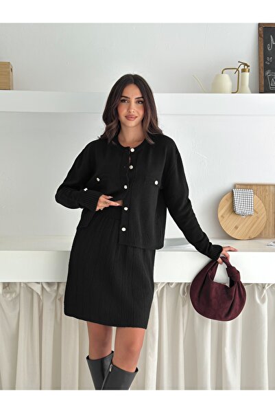 Brantu Pearl Buttoned Long Sleeve Women's Black Knitwear Skirt Set with Pockets