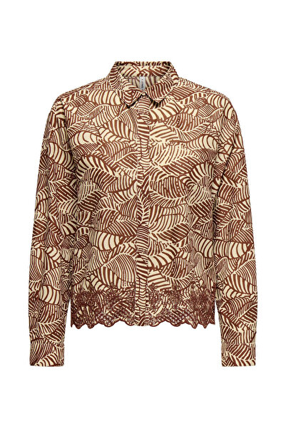 ONLY Normal Gömlek Yaka Desenli Bordo Kadın Gömlek ONLLOU LIFE EMB L/S SHIRT PTM
