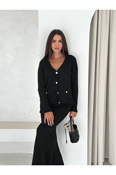 Brantu Long Sleeve Pocketed Button Detailed Women's Black Knitwear Long Skirt Set
