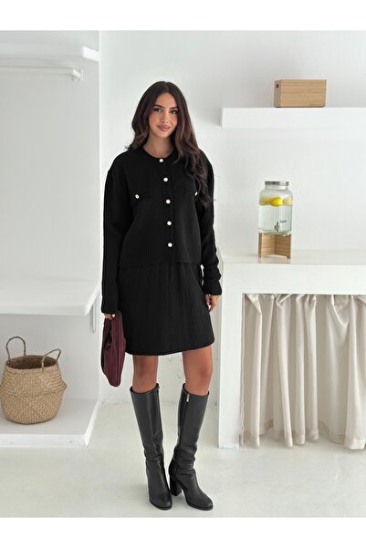 Brantu Pearl Buttoned Long Sleeve Women's Black Knitwear Skirt Set with Pockets