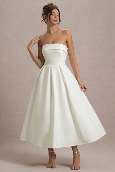 OLSAMODA Women's Atlas Fabric Strapless Collar Blouse Cut Long Length Wedding Engagement Invitation Dress