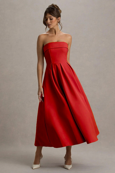 OLSAMODA Women's Atlas Fabric Strapless Collar Blouse Cut Long Length Wedding Engagement Invitation Dress