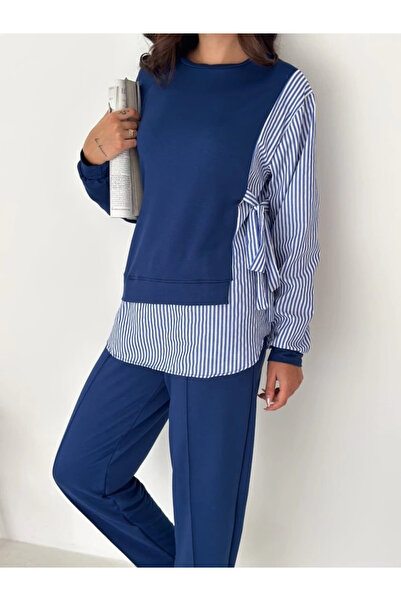 Silerra قميص نسائي مخطط مع ربطة جانبية طقم من قطعتين