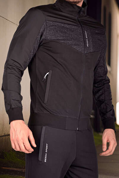 BESSA Μαύρο σετ αθλητικής φόρμας με ψηλό γιακά, εποχιακό βαμβακερό ύφασμα με τσέπες με φερμουάρ, αθλητικό κοστούμι