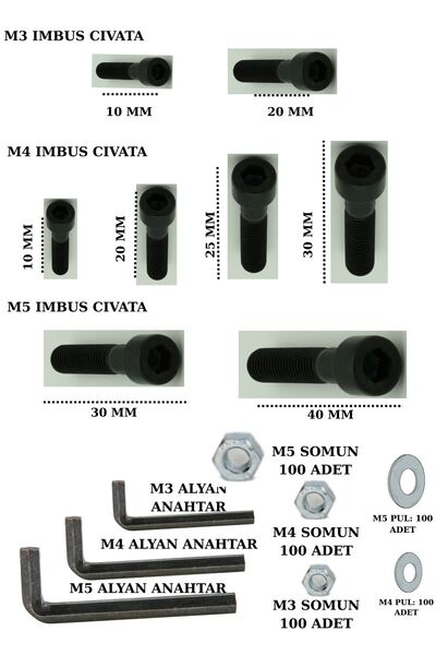 Netzerkoz 708 parça (M3,M4,M5) Imbus Cıvata, Somun, Pul, Alyan Seti - 3 adet Alyan Anahtar