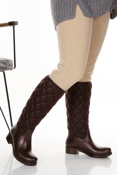 Sea&Blue Brown Diamond Patterned Flexible Calf Selected Waterproof Comfortable Wearing Rain Boots
