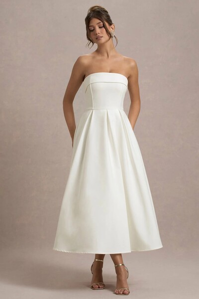 OLSAMODA Women's Atlas Fabric Strapless Collar Blouse Cut Long Length Wedding Engagement Invitation Dress