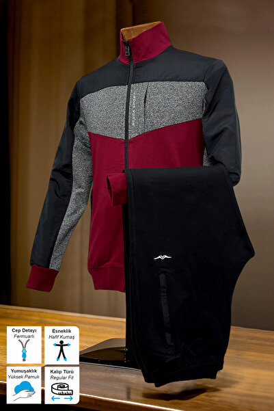 BESSA Σετ ανδρική φόρμα μπορντό - μαύρο γιακά από βαμβακερό ύφασμα με φερμουάρ και ίσιο πόδι