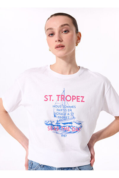 Fabrika Bisiklet Yaka Baskılı Beyaz Kadın T-Shirt F5SL-TST0462