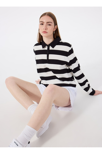 Mustang Polo Yaka Çizgili Siyah - Beyaz Kadın Sweatshırt M5SL-SWT1670