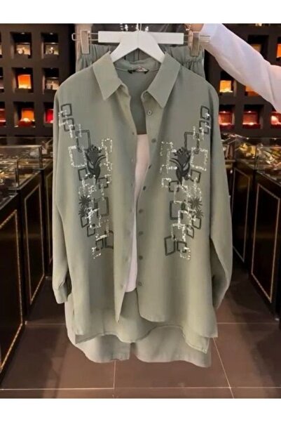 CLASSY.MODA Üçlü takım gömlek pantolon iç atlet pulu nakışlı