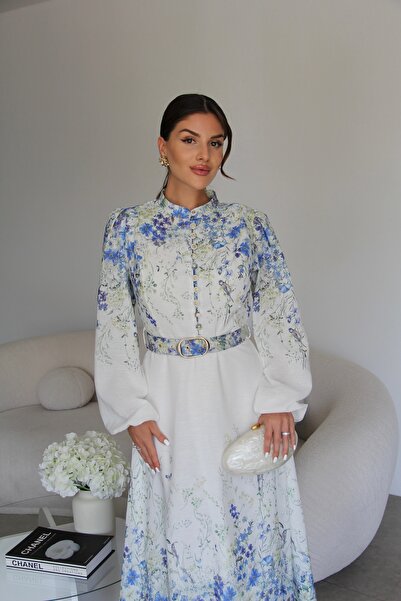 Julidress Rochie din in cu design premium, lungime midi, cu guler înalt, cu detaliu de nasturi cu model și cu centură