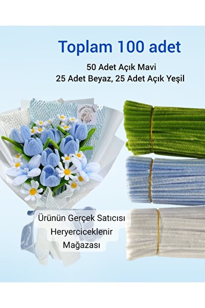 hyc heryerçiçeklenir 3'lü Set 50 Adet Açık Mavi, 25 Adet Beyaz, 25 Adet Açık Ordu Yeşili Şönil ,Tüylü Tel