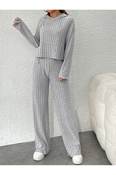 poswicon Szürke kapucnis, bordázott szövetből készült széles szárú alsó felső szett