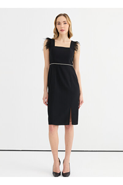 Selen U Yaka Taşlı Siyah Standart Kadın Elbise 25YSL7643