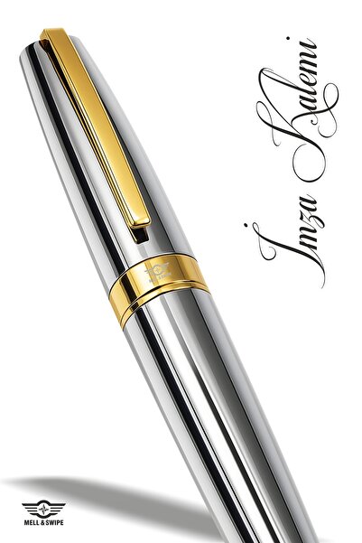 MELL & SWIPE Kişiye Özel Isim Baskılı Altın Tokalı Şık Ve Lüks Hediyelik Tükenmez Imza Kalemi Gold Krom Kutulu