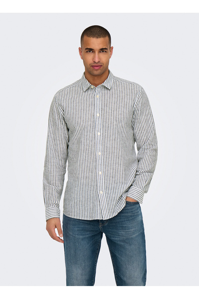 Only & Sons Μπλε Navy Onscaiden LS Stripe Linen πουκάμισο