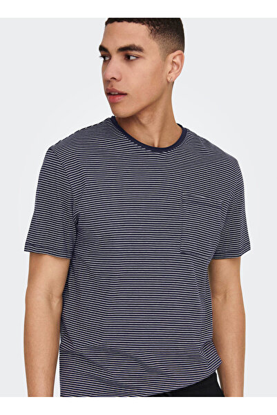 Only & Sons Ανδρικό μπλουζάκι με ριγέ λαιμόκοψη σε σκούρο μπλε ναυτικό ONSBALE REG SS TEE