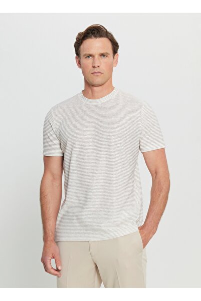 ALTINYILDIZ CLASSICS Ανδρικό μπλουζάκι Sixstars Classics με ριγέ λαιμόκοψη λευκό - μπεζ ACE091252395_BJZ