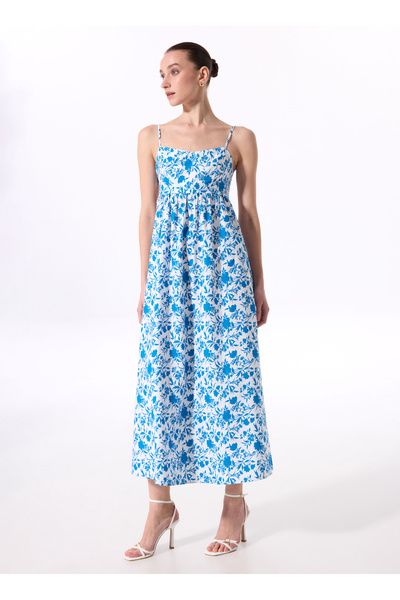 Fabrika Kare Yaka Desenli Çok Renkli Midi Kadın Elbise F5SL-ELB0046