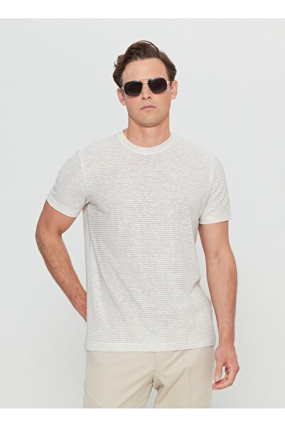 ALTINYILDIZ CLASSICS Ανδρικό μπλουζάκι Sixstars Classics με ριγέ λαιμόκοψη λευκό - μπεζ ACE091252395_BJZ