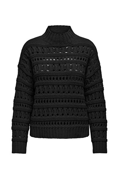 ONLY Pulover negru cu guler înalt, tricotat obișnuit, cu model, pentru femei ONLLEAH LS HIGH NECK KNT
