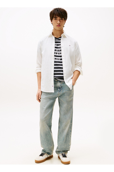 Tommy Jeans Regular Fit Ekru Düz Erkek Gömlek DM0DM20875YBL TJM REG LINEN BLEND