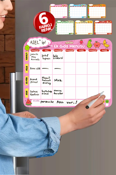 CiciMagnet Pembe Ek Gıda Menü Planlayıcı Magneti Yaz-Sil Kalemli (6 Farklı Re...