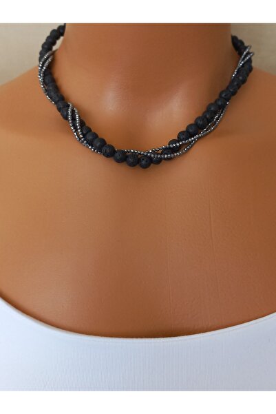 LemaStone Terahertz and Lava Stone Necklace Set (Necklace, Bracelet and Earrings)