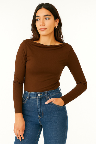 Nihanello Butik Acı kahve vücudu saran penye bluz