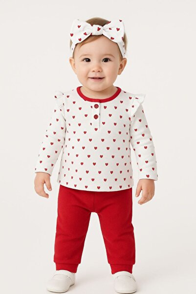 asiltr 6-9-12-18 Months Bandanali Red Heart Patterned Suit with Ruffled Shoul...