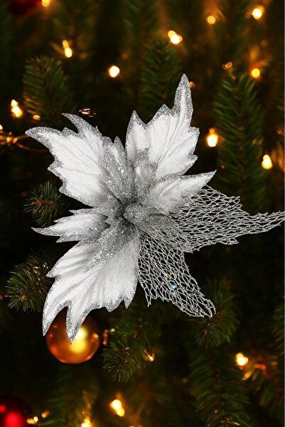 BeySüS Ornament de Crăciun cu pin, floare Ponsetia, argintiu, mare