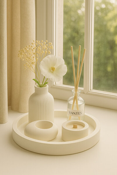 VANTES Beyaz Renk Özel Tasarım Mumluk Ve Vazo Aksesuar Seti Dekoratif Ürün (Çiçek Dahil Değildir)