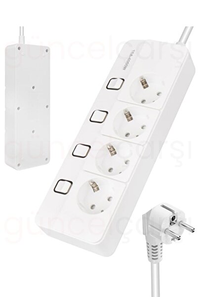 4 Ayrı Anahtarlı Akım Korumalı Priz, 4'lü Çoklu Priz, 4000W, 16A, 1400 Joule, Dörtlü Grup Priz