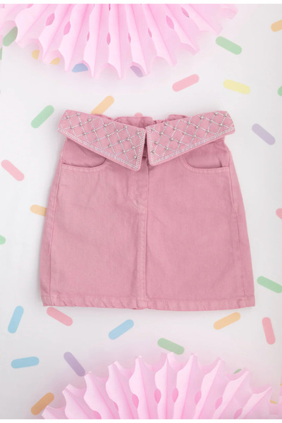 chipiques Waist Partially Folded Zircon Stone Embroidery Girls' Denim Skirt