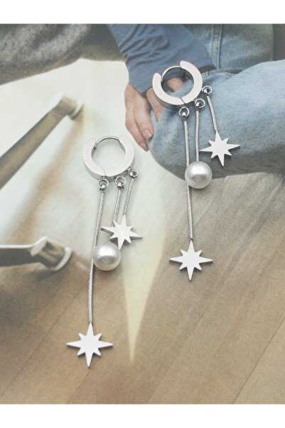 Siya Silver Uzun Püsküllü Kararmaz Çelik Yıldızlı İncili Çelik Küpe