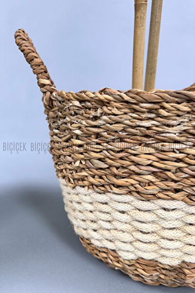 BİÇİÇEK 140 cm yapay bambu ağacı krem hasır saksıda