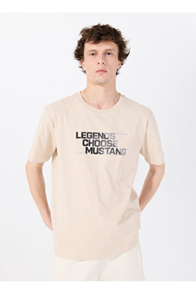 Mustang Bisiklet Yaka Baskılı Bej Erkek T-Shirt M5SM-TST1302