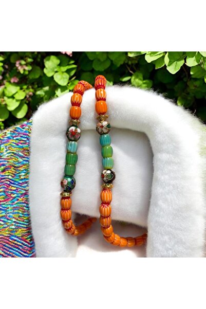 MODA Cam Boncuklu Retro Kadın Bileklik - Turuncu & Turkuaz Cam Boncuk El Yapı...